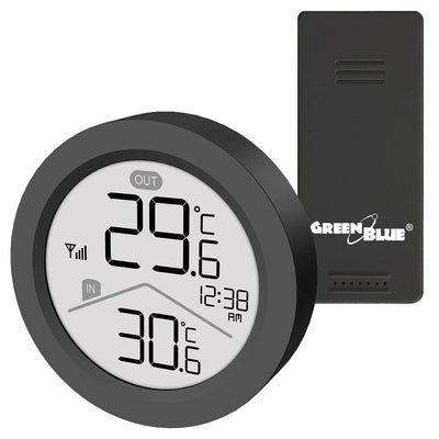 GreenBlue draadloos weerstation, binnen- en buitentemperatuur, klok, keuze uit °C / °F, bereik tot 60 m, zwart, GB162 B