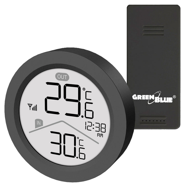 GreenBlue draadloos weerstation, binnen- en buitentemperatuur, klok, keuze uit °C / °F, bereik tot 60 m, zwart, GB162 B