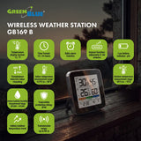 GreenBlue draadloos weerstation, temperatuur + luchtvochtigheid binnen/buiten, klok + wekker + datum, °C / °F, tot 60 m, zwart, GB169 B
