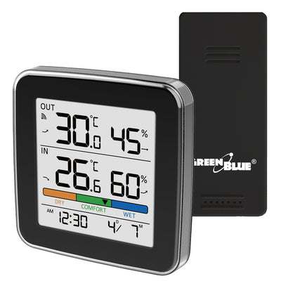 GreenBlue draadloos weerstation, temperatuur + luchtvochtigheid binnen/buiten, klok + wekker + datum, °C / °F, tot 60 m, zwart, GB169 B