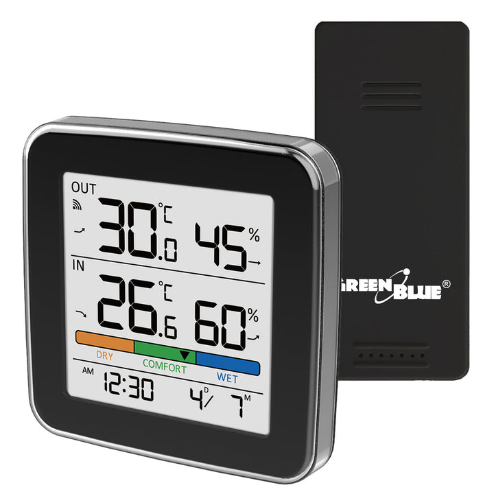 GreenBlue draadloos weerstation, temperatuur + luchtvochtigheid binnen/buiten, klok + wekker + datum, °C / °F, tot 60 m, zwart, GB169 B