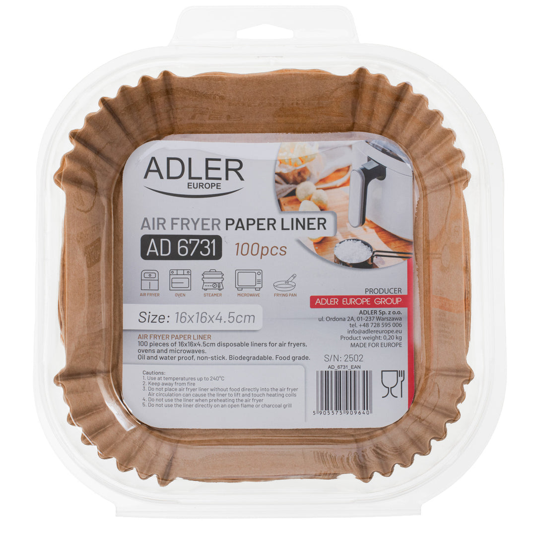 Papieren inlegvellen voor frituurpan, airfryer, Adler, 16 cm, tot 240 °C, biologisch afbreekbaar, 500 stuks, AD 6731