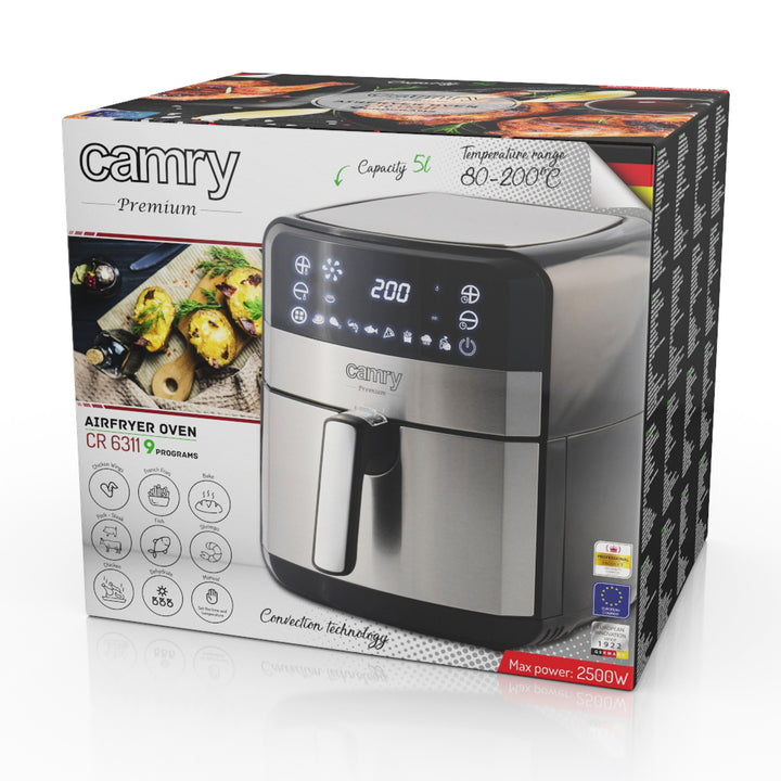 Vetvrije friteuse, 9 programma's, 5,0 L, Airfryer, Camry CR 6311 + papieren inzetstukken voor friteuse, 16 cm, biologisch afbreekbaar, 100 stuks