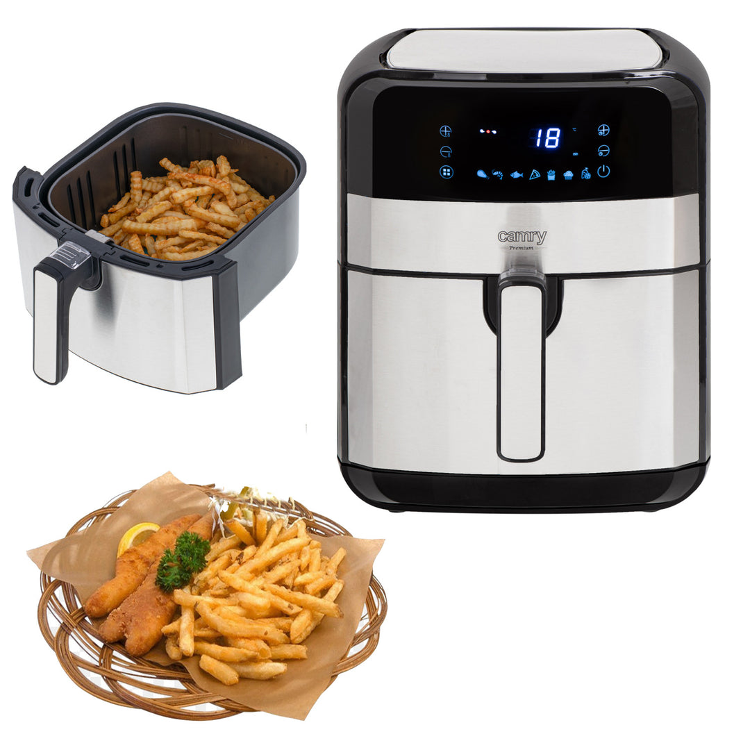 Vetvrije friteuse, 9 programma's, 5,0 L, Airfryer, Camry CR 6311 + papieren inzetstukken voor friteuse, 16 cm, biologisch afbreekbaar, 100 stuks