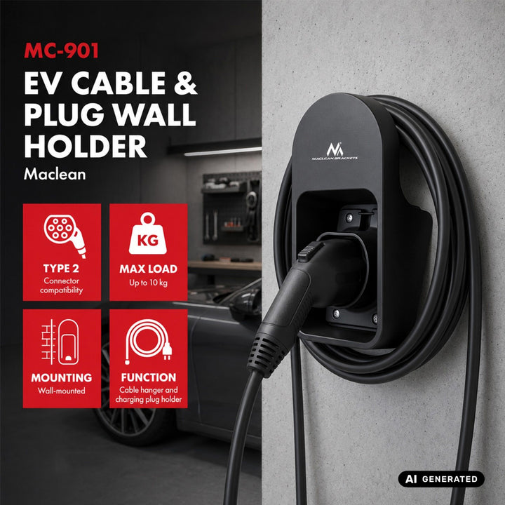 Wandhouder voor kabel en stekker van de Maclean EV-oplader, universeel, type 2, max. belasting 10 kg, MC-901