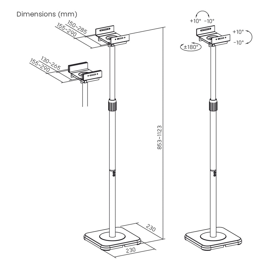Set vloerstandaards voor Maclean-luidsprekers, universeel, verticaal en horizontaal verstelbaar +10°~-10°, max. 5 kg, MC-916