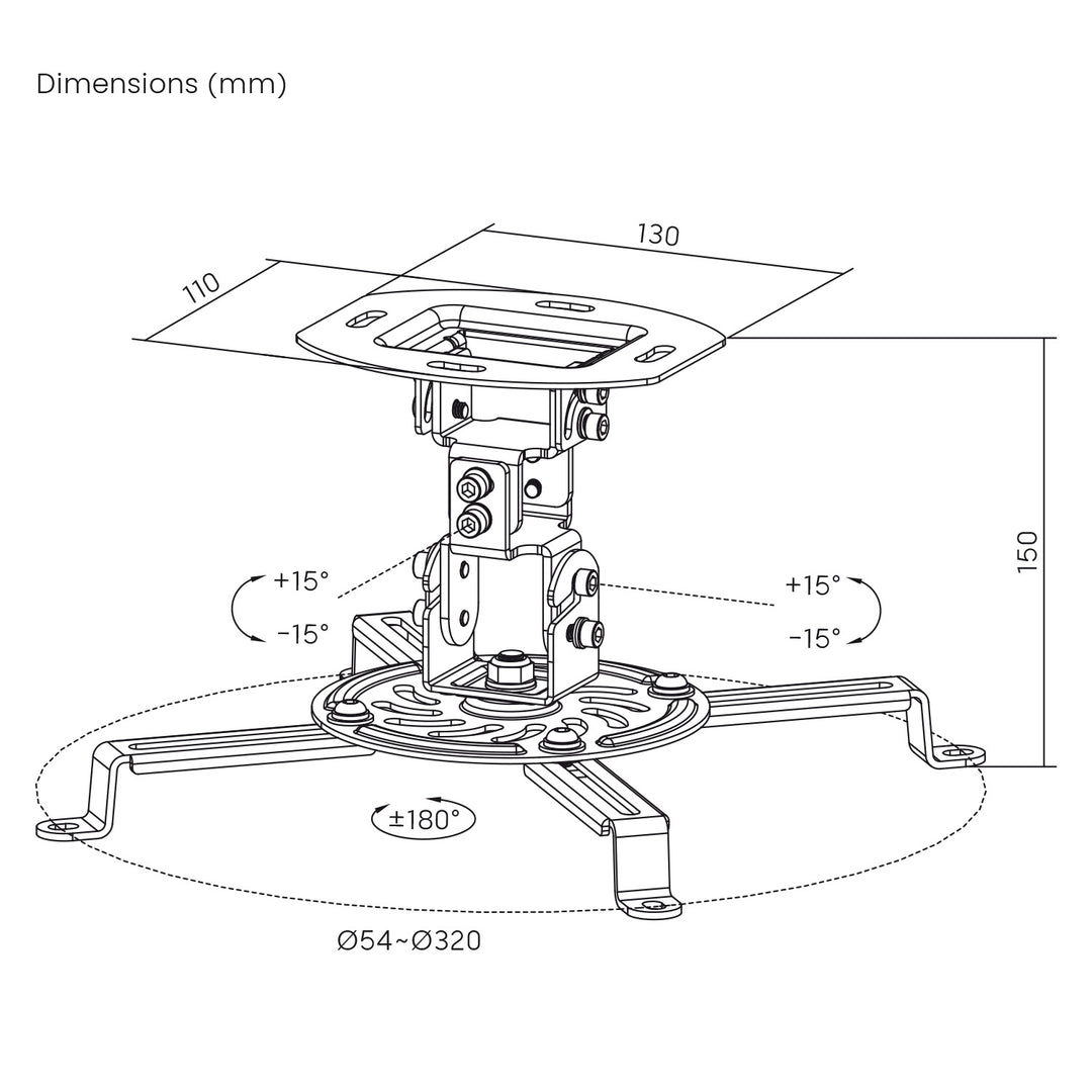 Plafondbeugel / -hanger voor Maclean-projector, 54~320 mm, tot 13,5 kg, 360 graden draaibaar MC-200 W