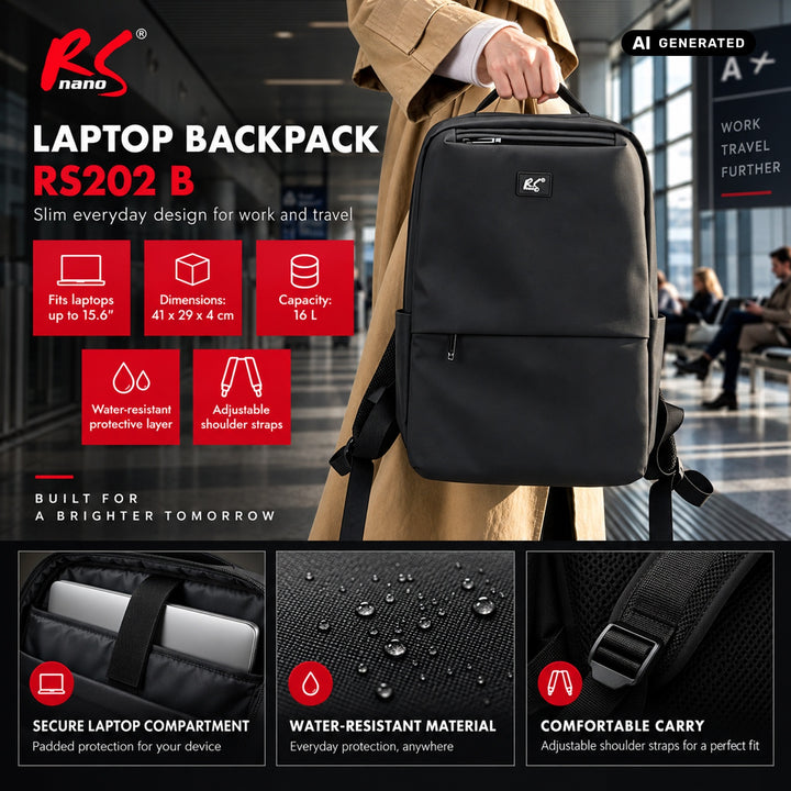 NanoRS-laptoprugzak, 15,6", zwart, 41x29x4, waterafstotend RS202 B