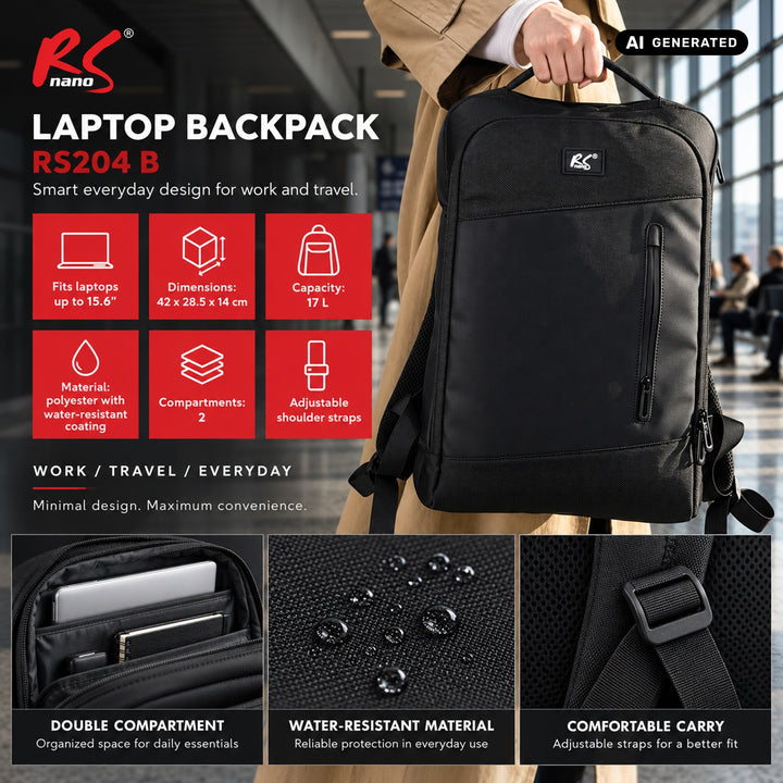 NanoRS-laptoprugzak, 15,6", zwart, 42x28,5x14, waterafstotend RS204 B