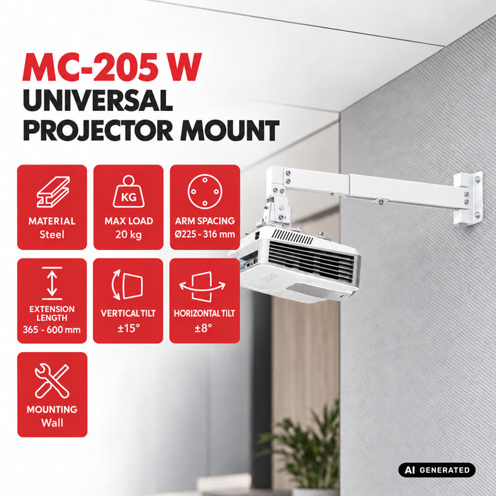 Wandbeugel/wandhouder voor Maclean-projector, wit, tot 20 kg, MC-205 W