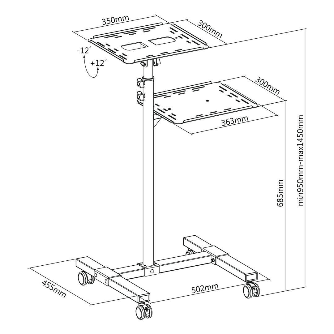Maclean verstelbare, stalen verrijdbare tafel voor projector/laptop, max. 10 kg, MC-207
