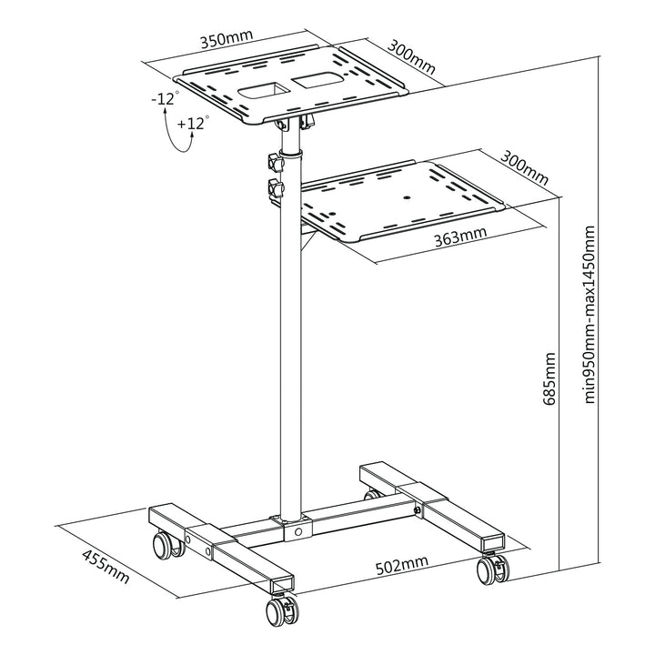 Maclean verstelbare, stalen verrijdbare tafel voor projector/laptop, max. 10 kg, MC-207