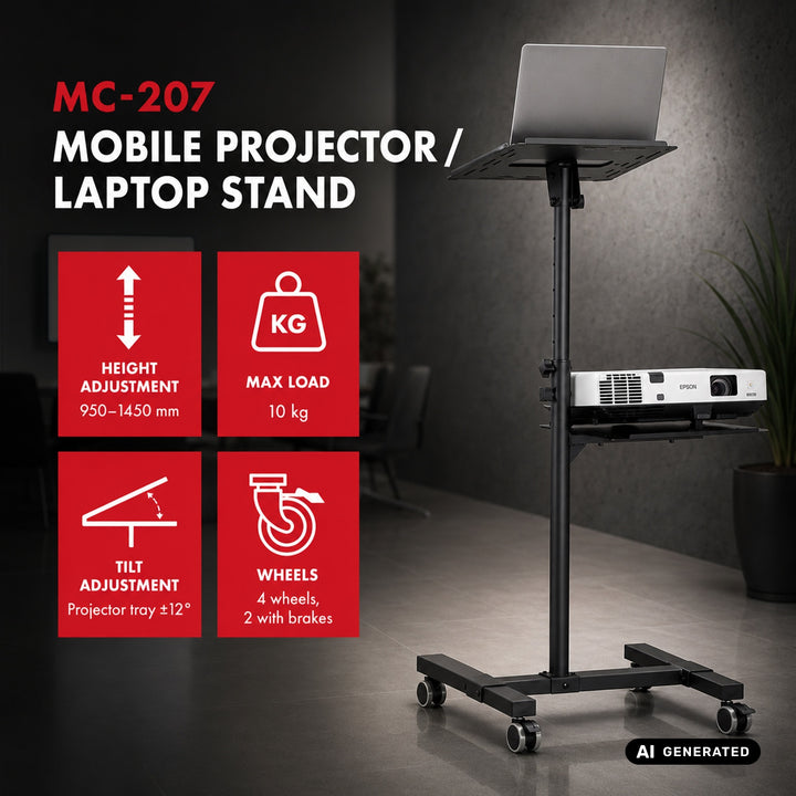 Maclean verstelbare, stalen verrijdbare tafel voor projector/laptop, max. 10 kg, MC-207