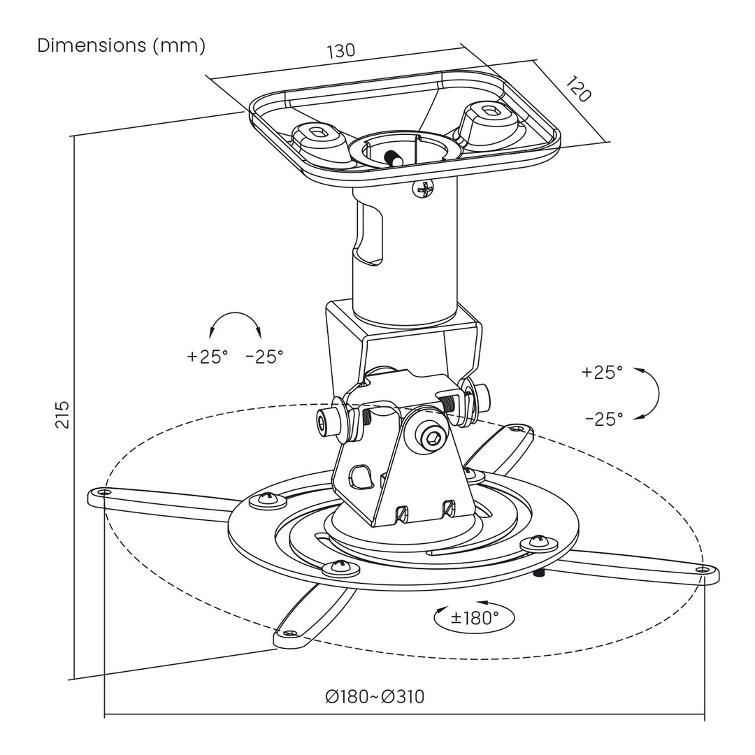 Plafondbeugel / -hanger voor Maclean-projector, van staal, 180~310 mm, tot 15 kg, MC-208 W