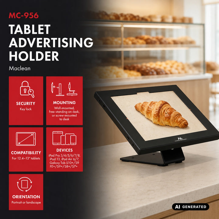 Maclean-tablethouder met vergrendeling, 12,4"-13", iPad Air/Pro, Samsung Tab S10+/S9+/S8+/S7+, 257 x 350 x 22 mm, MC-956 B