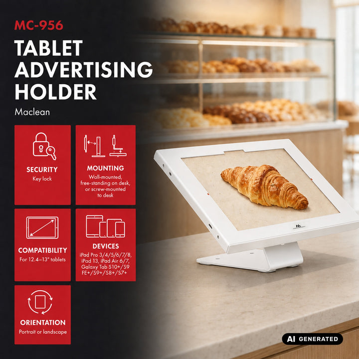 Maclean-tablethouder met vergrendeling, 12,4"-13", iPad Air/Pro, Samsung Tab S10+/S9+/S8+/S7+, 257 x 350 x 22 mm, MC-956 W