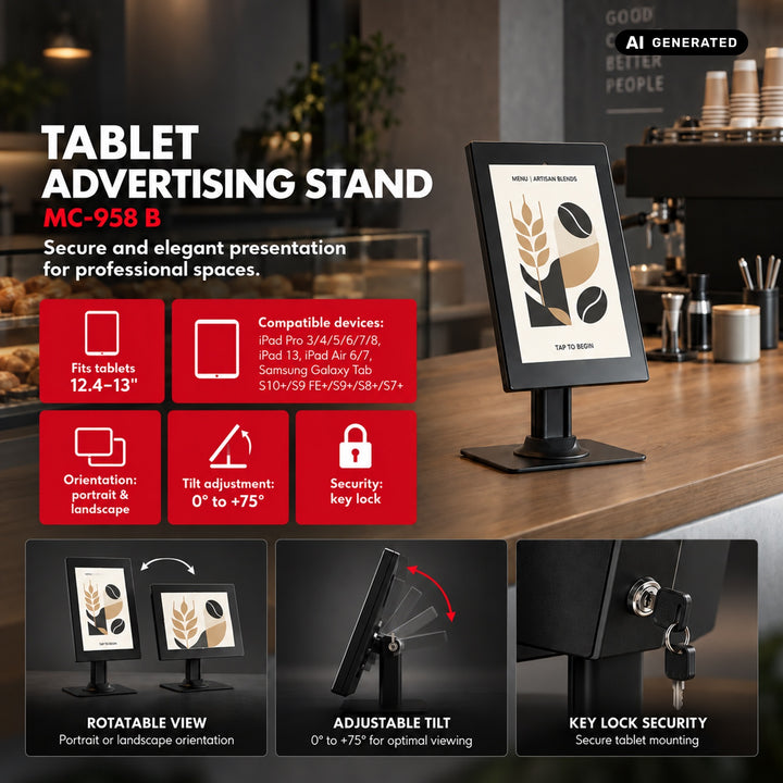Maclean-tablethouder met vergrendeling. 12,4"-13", iPad Air/Pro, Samsung Tab S10+/S9+/S8+/S7+, 257 x 350 x 22 mm, MC-958 B