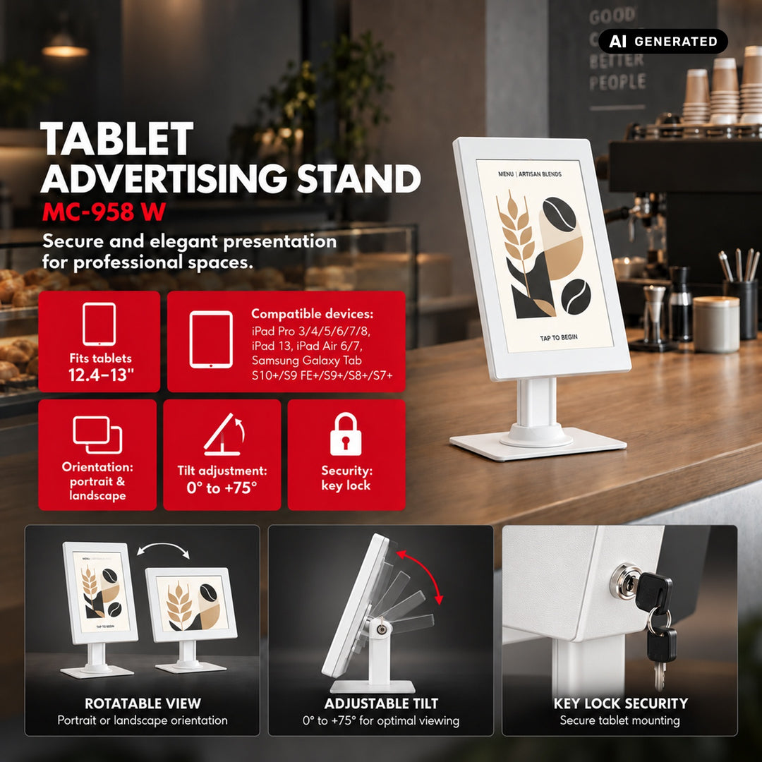 Maclean-tablethouder met vergrendeling, 12,4"-13", iPad Air/Pro, Samsung Tab S10+/S9+/S8+/S7+, 257 x 350 x 22 mm, MC-958 W