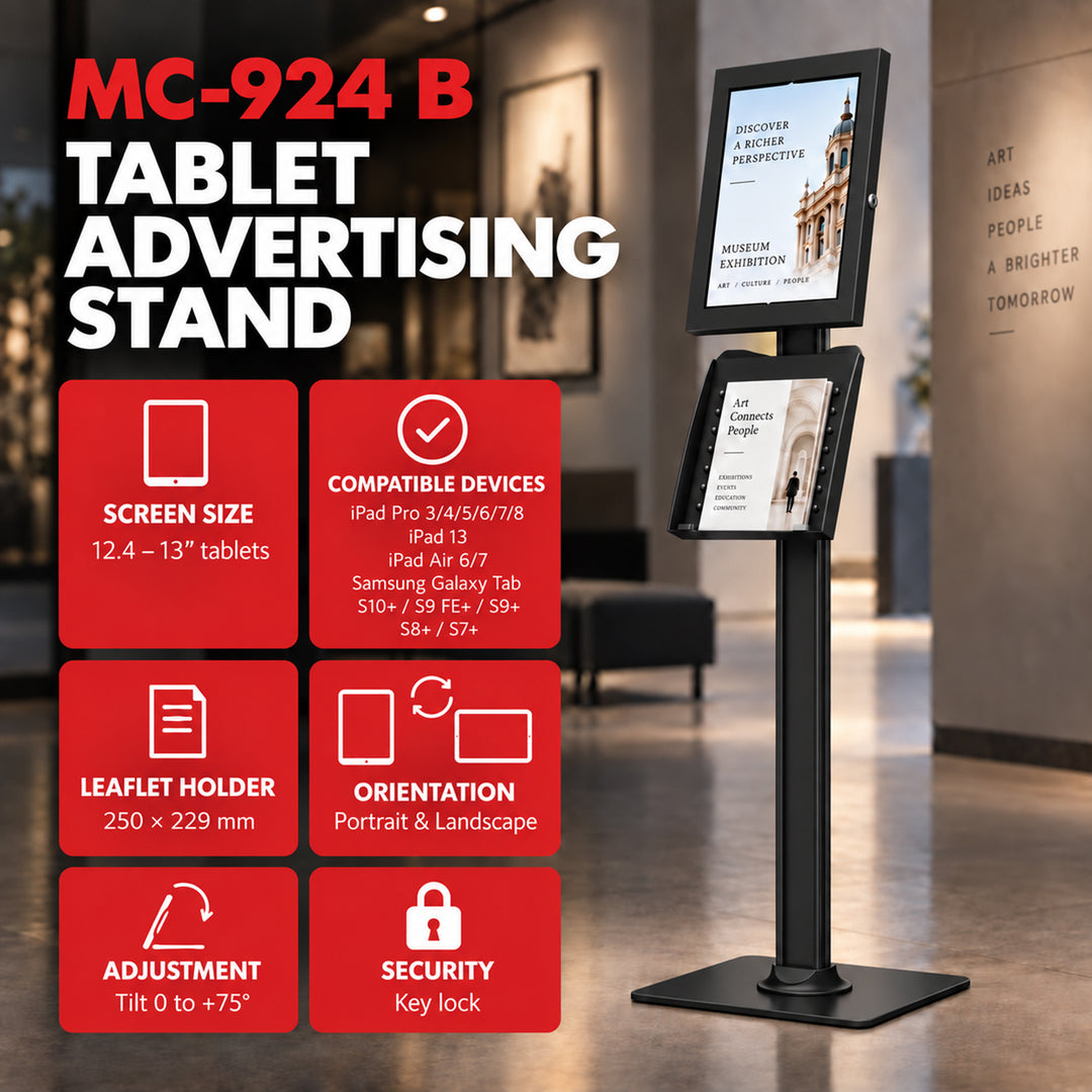 Maclean-tablethouder met vergrendeling. 12,4"-13", iPad Air/Pro, Samsung Tab S10+/S9+/S8+/S7+, 257 x 350 x 22 mm, MC-924 B