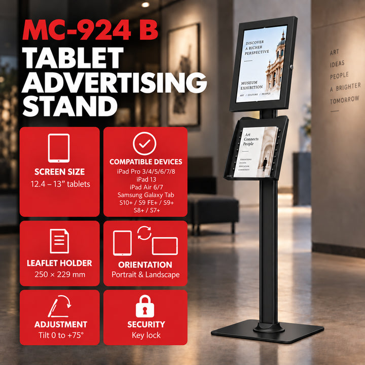 Maclean-tablethouder met vergrendeling. 12,4"-13", iPad Air/Pro, Samsung Tab S10+/S9+/S8+/S7+, 257 x 350 x 22 mm, MC-924 B
