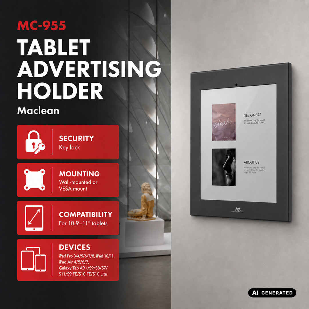 Maclean-tablethouder met vergrendeling, 10,9"-11", iPad Air/Pro, Samsung Tab A- en S-serie, 220 x 323 x 22 mm, MC-955 B