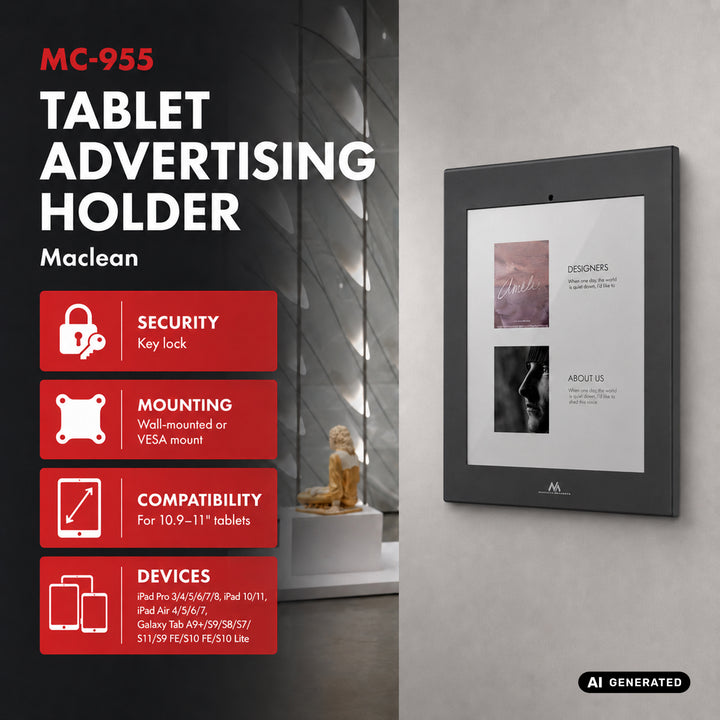 Maclean-tablethouder met vergrendeling, 10,9"-11", iPad Air/Pro, Samsung Tab A- en S-serie, 220 x 323 x 22 mm, MC-955 B