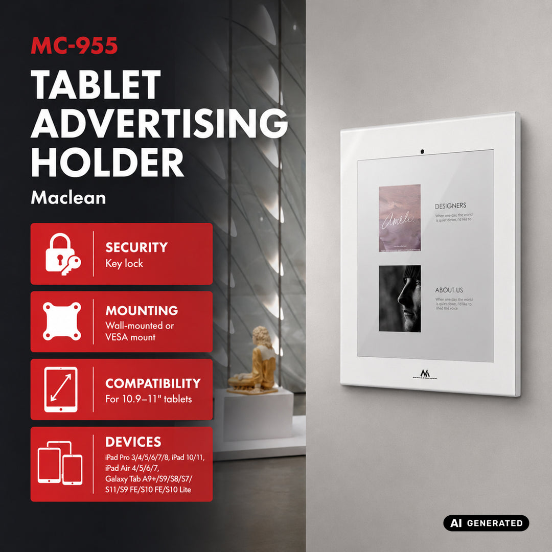 Maclean-tablethouder met vergrendeling, 10,9"-11", iPad Air/Pro, Samsung Tab A- en S-serie, 220 x 323 x 22 mm, MC-955 W