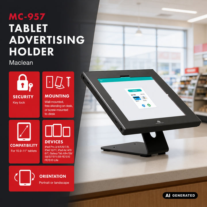 Maclean-tablethouder met vergrendeling, 10,9"-11", iPad Air/Pro, Samsung Tab A- en S-serie, 220 x 323 x 22 mm, MC-957 B