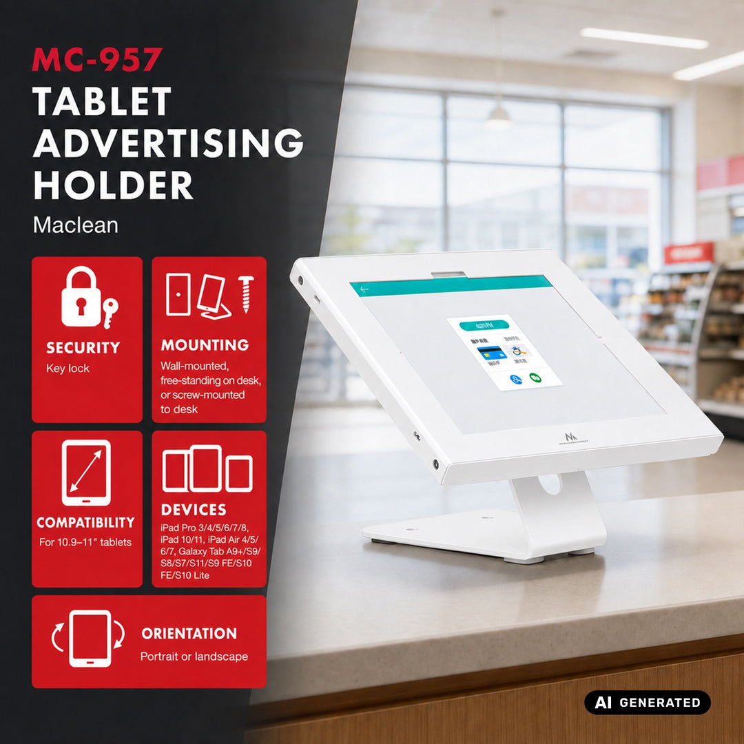 Maclean-tablethouder met vergrendeling, 10,9"-11", iPad Air/Pro, Samsung Tab A- en S-serie, 220 x 323 x 22 mm, MC-957 W