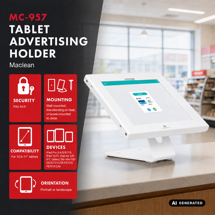 Maclean-tablethouder met vergrendeling, 10,9"-11", iPad Air/Pro, Samsung Tab A- en S-serie, 220 x 323 x 22 mm, MC-957 W
