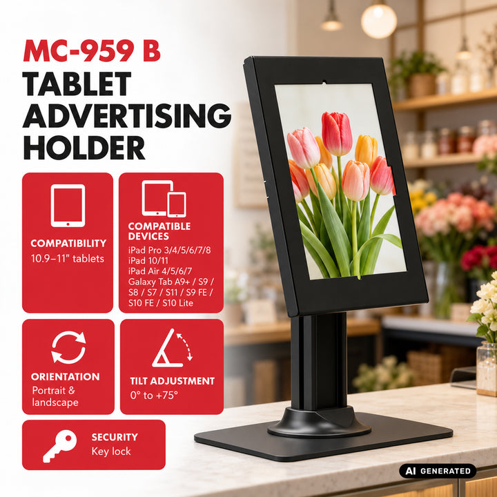 Maclean-tablethouder met vergrendeling, 10,9"-11", iPad Air/Pro, Samsung Tab A- en S-serie, 220 x 323 x 22 mm, MC-959 B