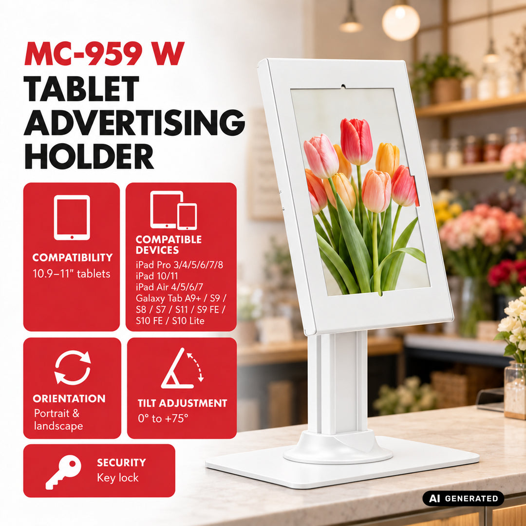 Maclean-tablethouder voor reclamedoeleinden, met vergrendeling, 10,9"-11", iPad Air/Pro, Samsung Tab A- en S-serie, 220 x 323 x 22 mm, MC-959 W