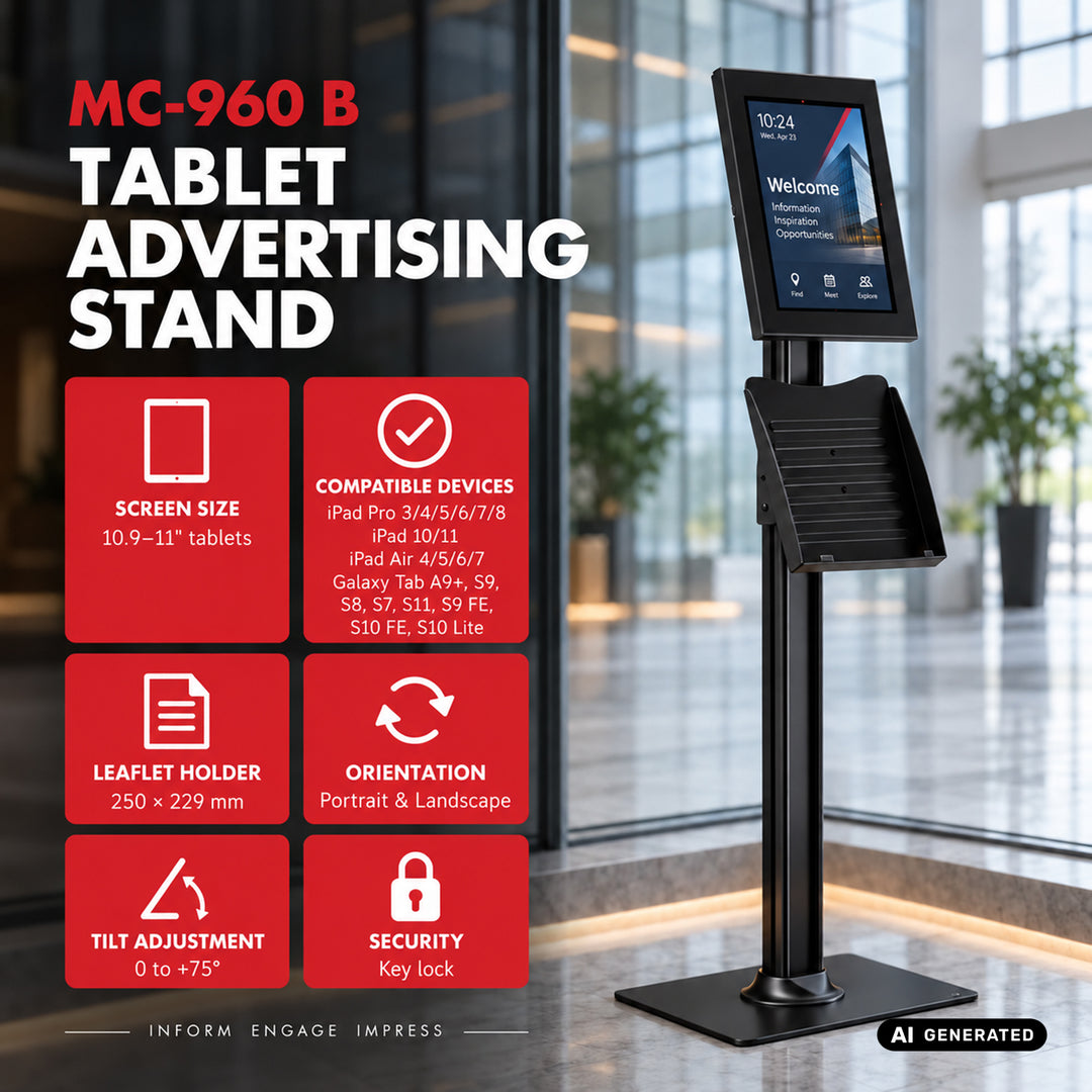Maclean-tablethouder met vergrendeling, 10,9"-11", iPad Air/Pro, Samsung Tab A- en S-serie, 220 x 323 x 22 mm, MC-960 B