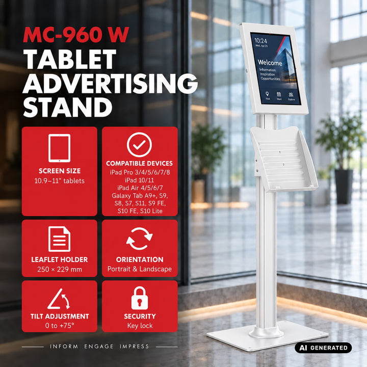 Maclean-tablethouder met vergrendeling, 10,9"-11", iPad Air/Pro, Samsung Tab A- en S-serie, 220x323x22 mm, MC-960 W