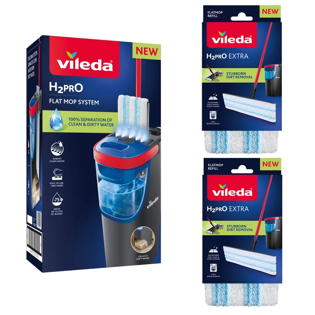 Vileda H2prO platte dweil, 100% scheiding van schoon en vuil water, twee reservoirs, 3 microvezelopzetstukken, 360°-uiteinde, 175774