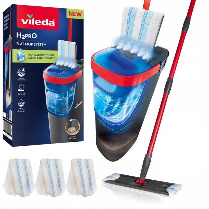 Vileda H2prO platte dweil, 100% scheiding van schoon en vuil water, twee reservoirs, 3 microvezelopzetstukken, 360°-uiteinde, 175774