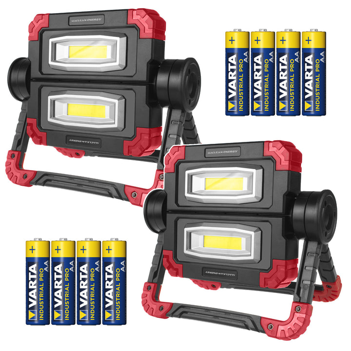 Maclean COB LED-werklamp, 300 lm, 3 lichtstanden, kleurtemperatuur 6500K, MCE439 2 stuks + 8x Varta Industrial AA-batterij