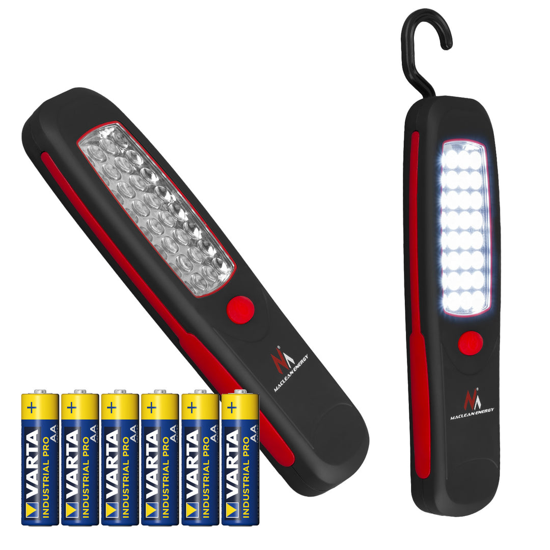 Maclean 24 LED-werkplaatslamp, magneet, haak, MCE03 2 stuks + 6x Varta Industrial LR6/AA R-06-batterij