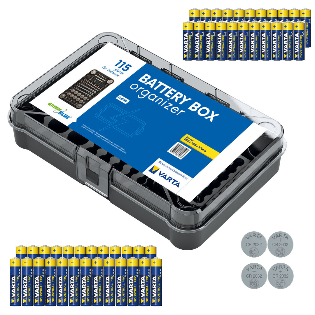 GreenBlue Varta Box GB189 batterijhouder + 22x AA-batterij Varta Industrial + 25x AAA-batterij Varta Industrial + 4x CR2032-lithiumbatterij Varta