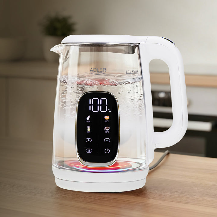Elektrische glazen waterkoker met temperatuurregeling 1,7 l, LED, 40–100 °C, Adler AD 1305 WS wit