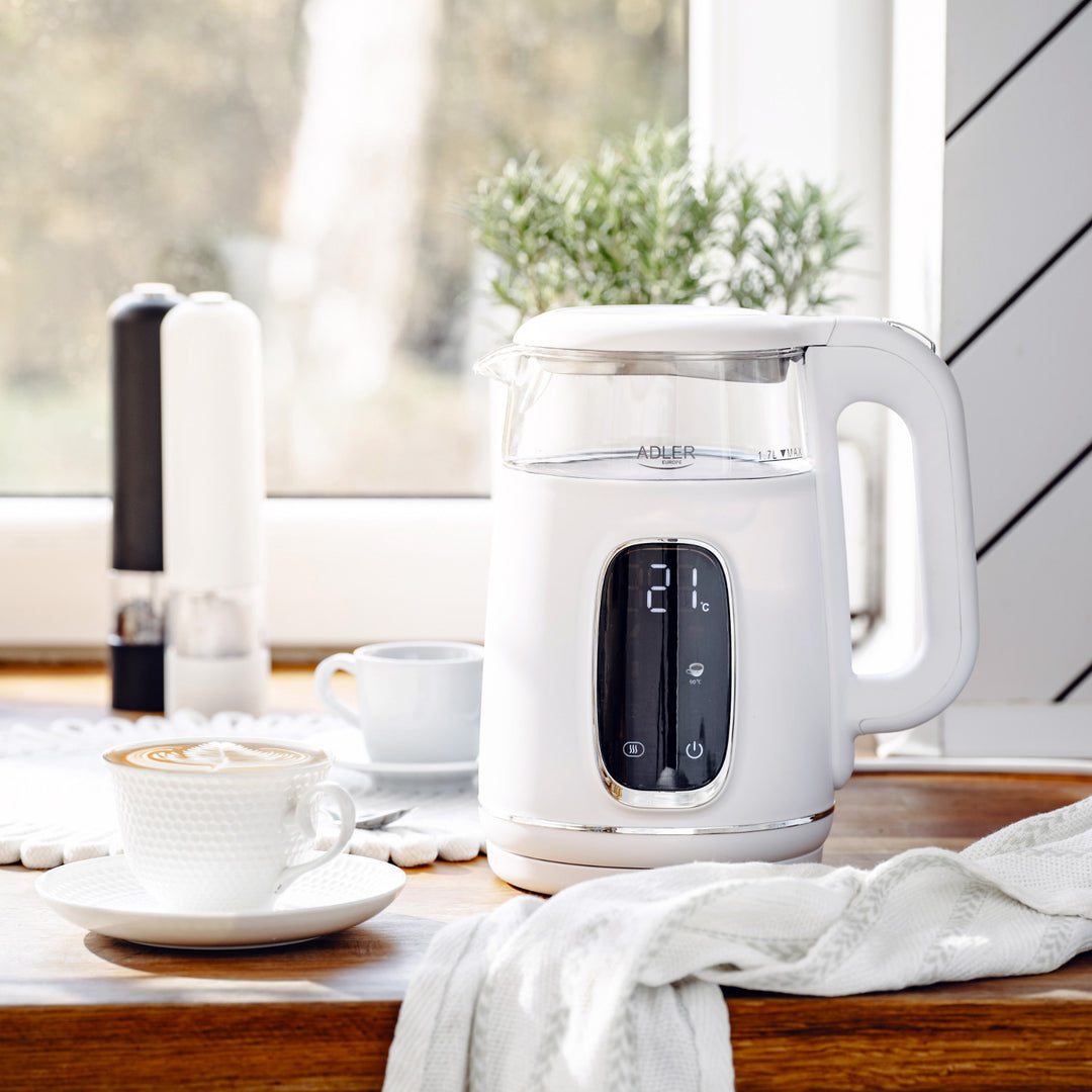 Elektrische glazen waterkoker met temperatuurregeling 1,7 l, LED, 40–100 °C, Adler AD 1305 WS wit