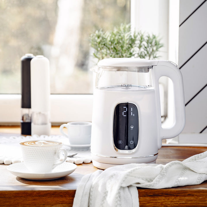 Elektrische glazen waterkoker met temperatuurregeling 1,7 l, LED, 40–100 °C, Adler AD 1305 WS wit