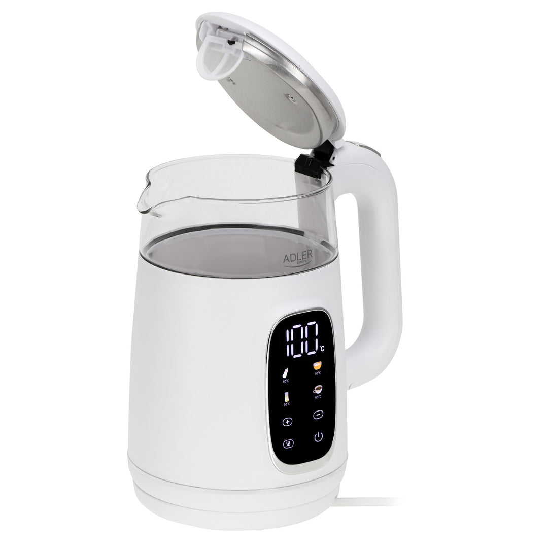 Elektrische glazen waterkoker met temperatuurregeling 1,7 l, LED, 40–100 °C, Adler AD 1305 WS wit
