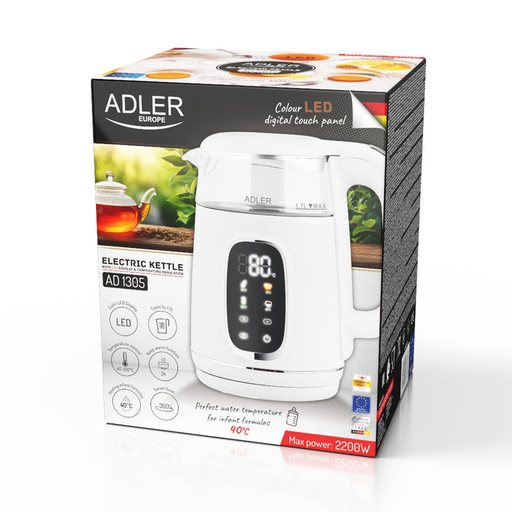 Elektrische glazen waterkoker met temperatuurregeling 1,7 l, LED, 40–100 °C, Adler AD 1305 WS wit