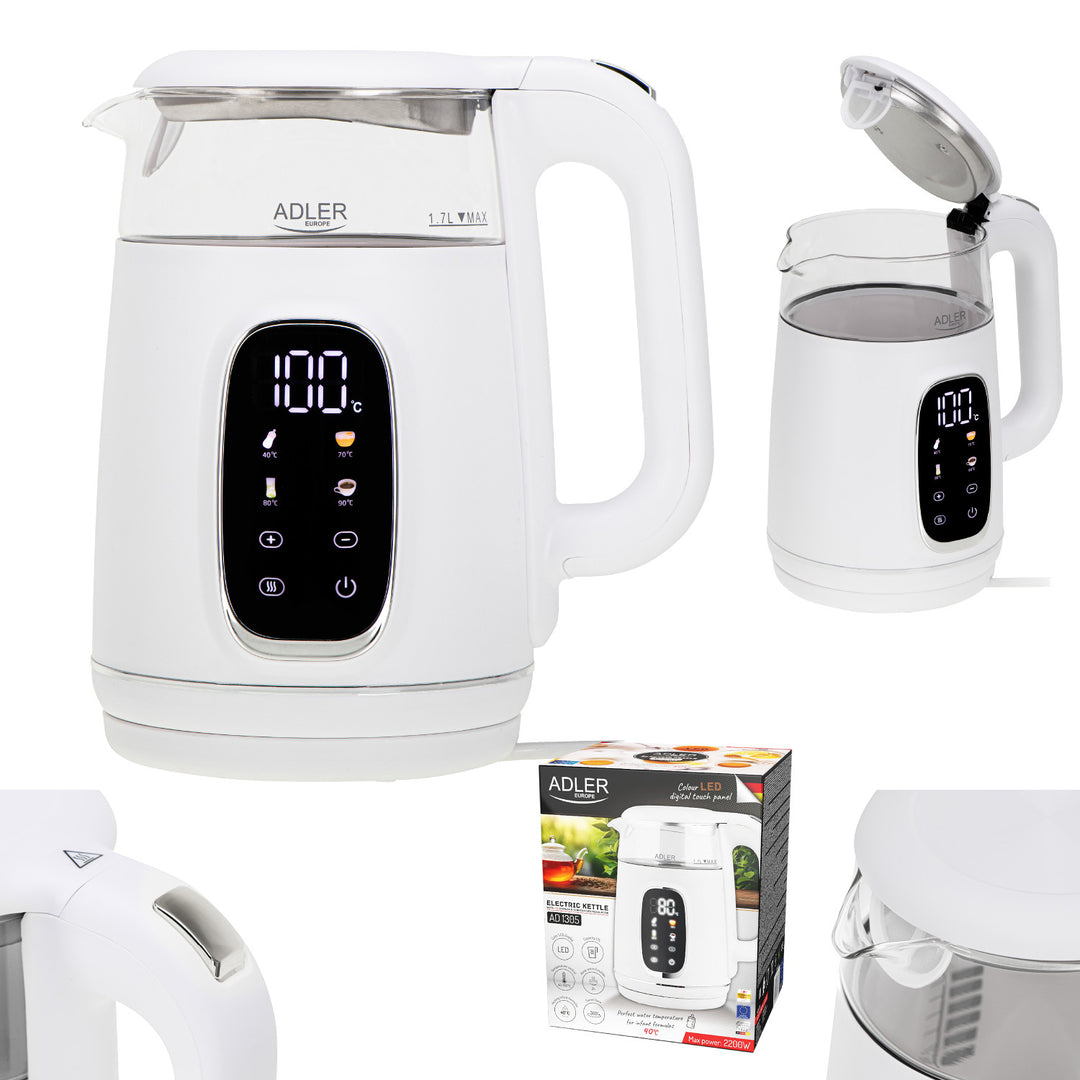 Elektrische glazen waterkoker met temperatuurregeling 1,7 l, LED, 40–100 °C, Adler AD 1305 WS wit
