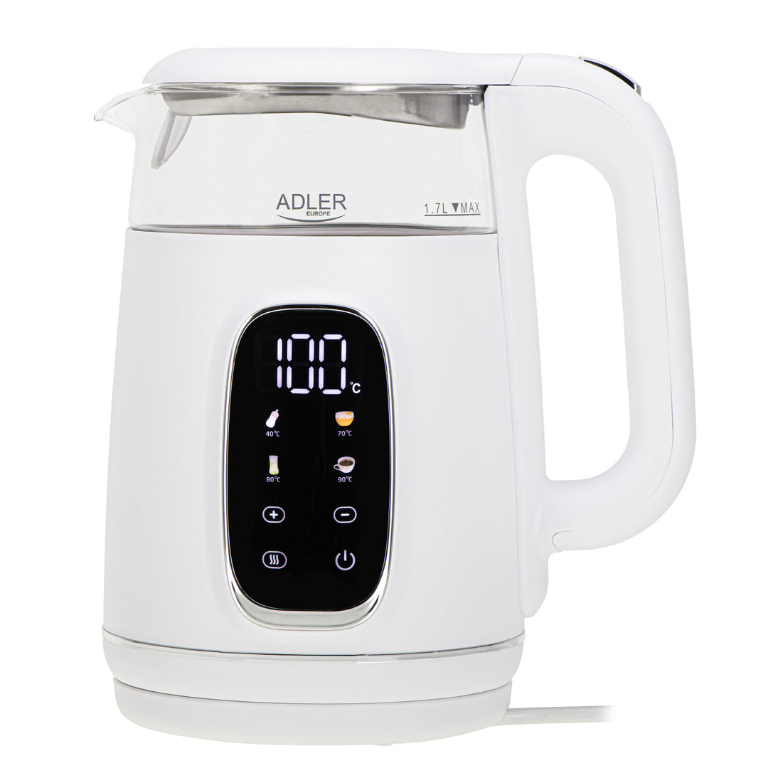 Elektrische glazen waterkoker met temperatuurregeling 1,7 l, LED, 40–100 °C, Adler AD 1305 WS wit