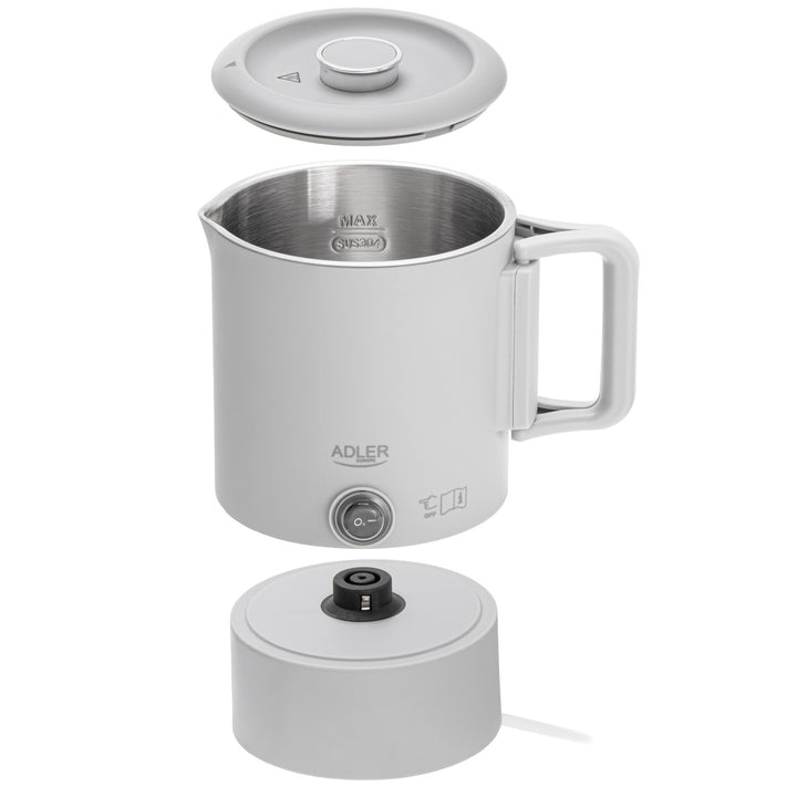 Adler elektrische waterkoker, voor op reis, dubbele wand, inhoud 0,8 l, max. vermogen 650 W, grijs, AD 1388
