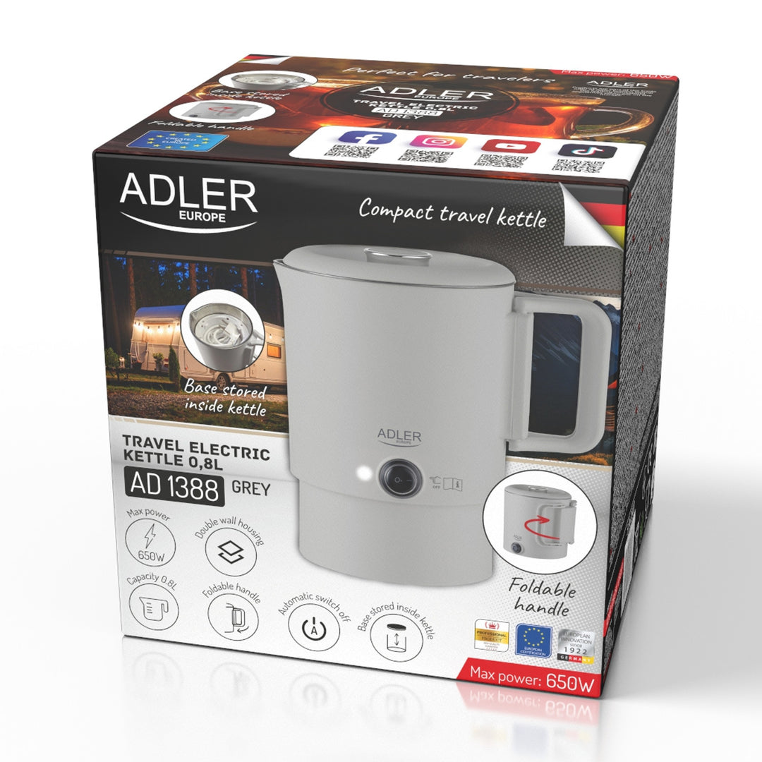 Adler elektrische waterkoker, voor op reis, dubbele wand, inhoud 0,8 l, max. vermogen 650 W, grijs, AD 1388