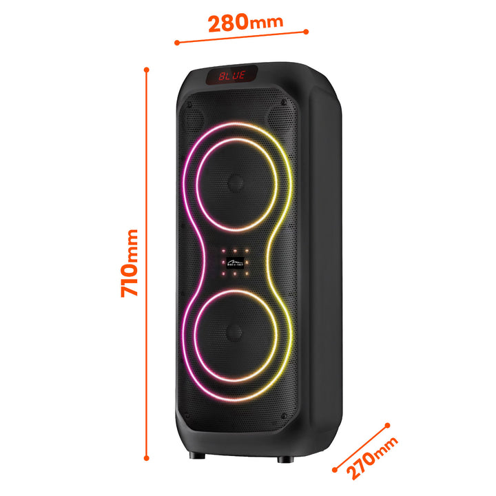 Grote Bluetooth-luidspreker, 120 W RMS/1400 W PMPO, twee 8"-luidsprekers, equalizer, karaokefunctie, MP3/microSD-kaarten, USB, AUX, BT 5.3+EDR, display, LED, ingebouwde accu, afstandsbediening, MT3185