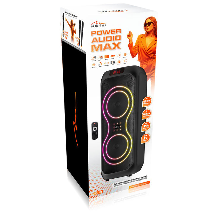 Grote Bluetooth-luidspreker, 120 W RMS/1400 W PMPO, twee 8"-luidsprekers, equalizer, karaokefunctie, MP3/microSD-kaarten, USB, AUX, BT 5.3+EDR, display, LED, ingebouwde accu, afstandsbediening, MT3185